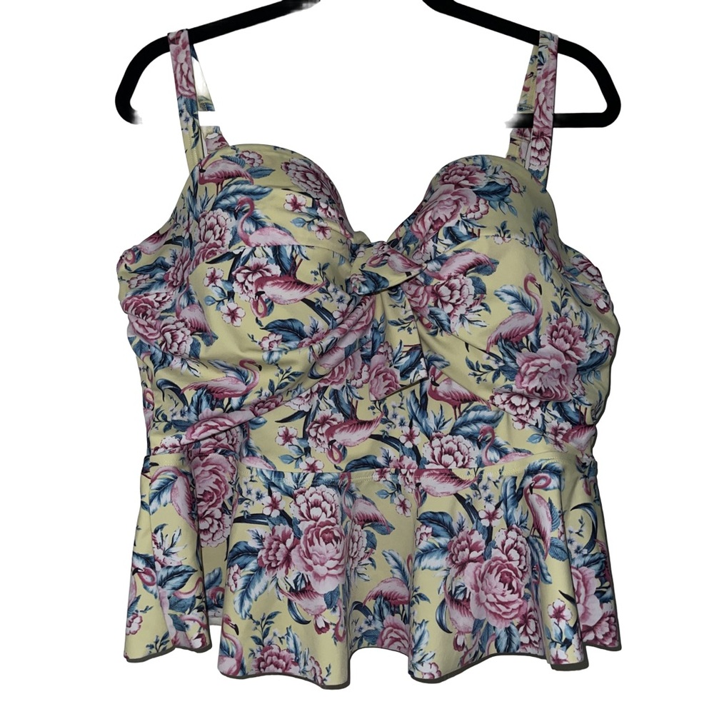 Torrid Tankini Swim Top Yellow Floral Flamingo Novelty Print 2R / 2X / 18-20